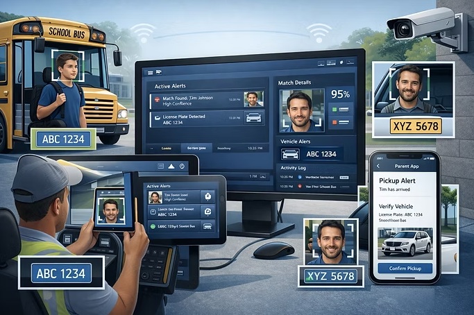 Student boarding a school bus with FRED identity verification